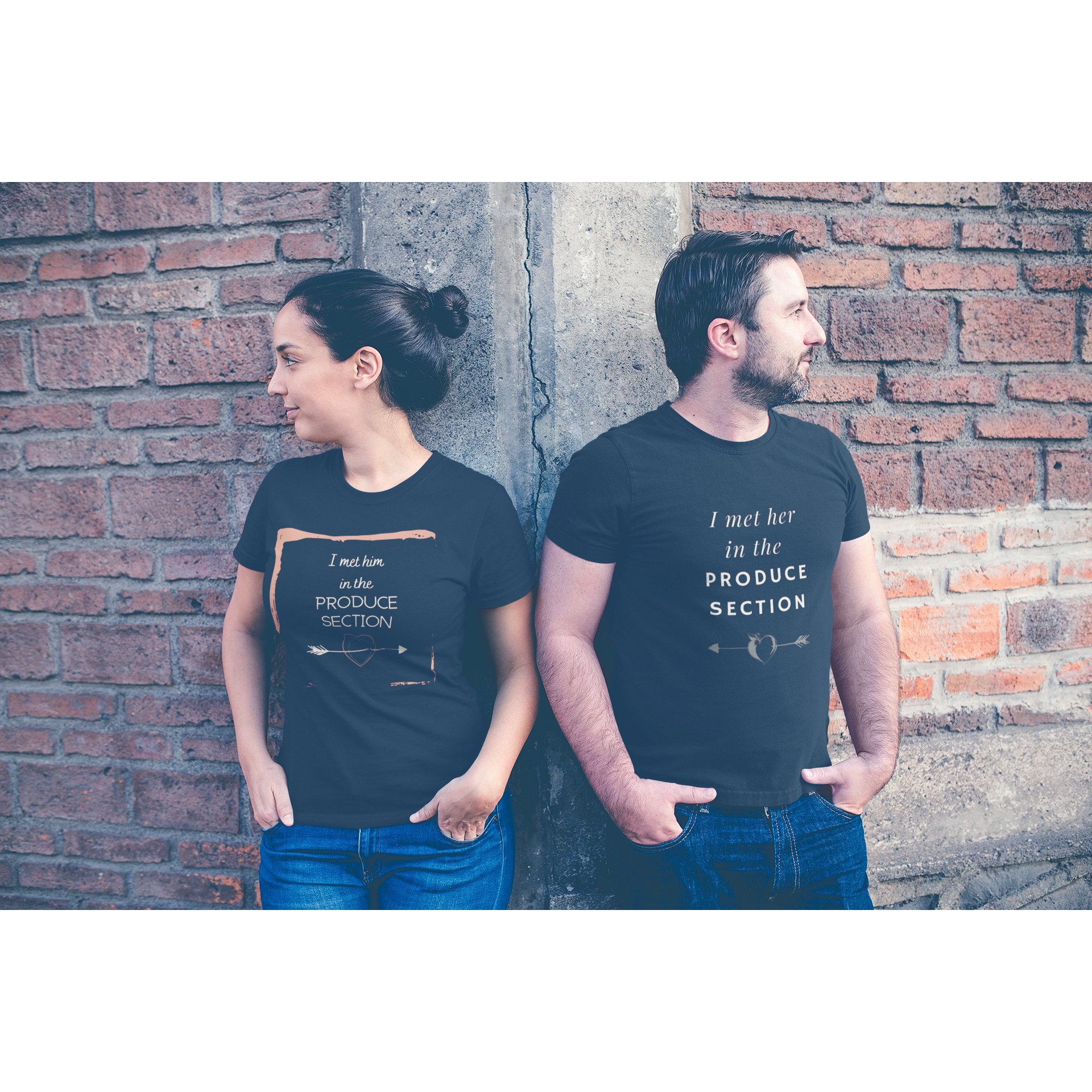 vegan couple with woman wearing I met him in the produce section design with white words, arrow through a heart, and a pink frame, on a black vegan shirt