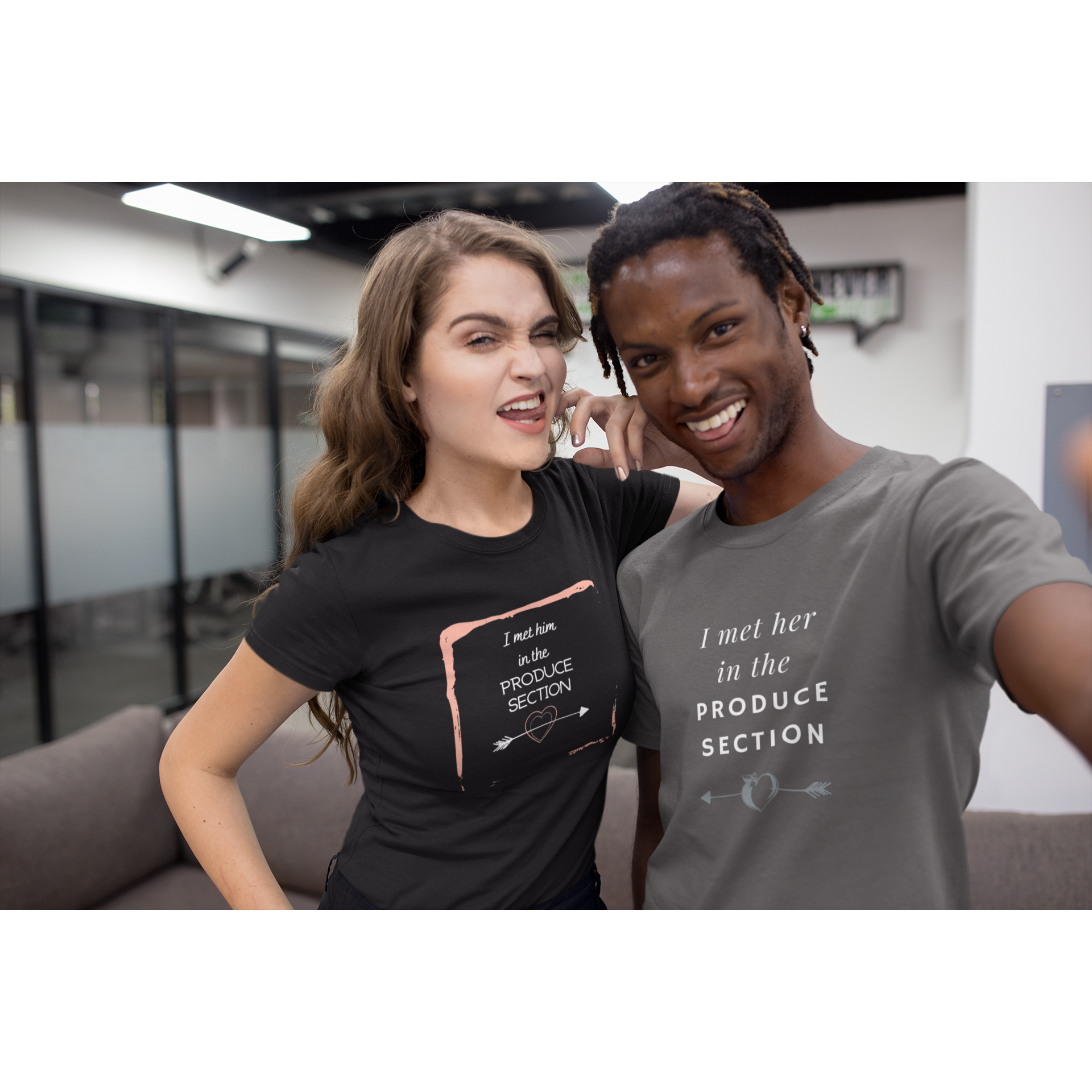 Vegan couple with woman wearing "I met him in the produce section" words with an arrow through a heart on a black vegan t shirt