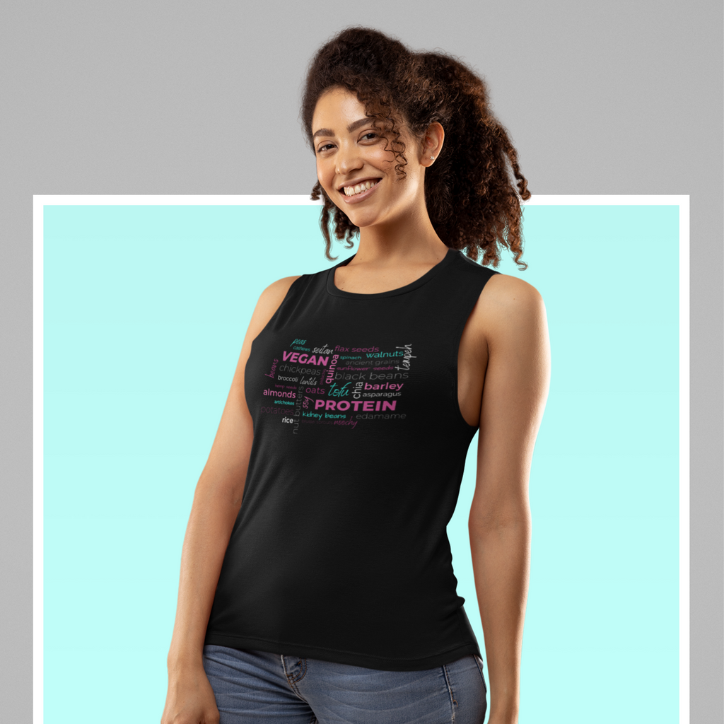 women's flowy scoop muscle tank top in black with a teal and pink word salad about vegan protein sources for vegan workout clothes
