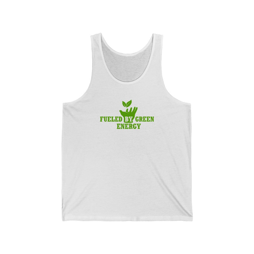 vegan tank top saying fueled by green energy with green design on white premium fabric