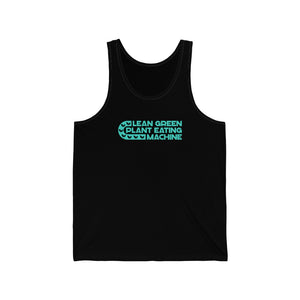 Black vegan tank top with a lean green plant eating machine design in teal 