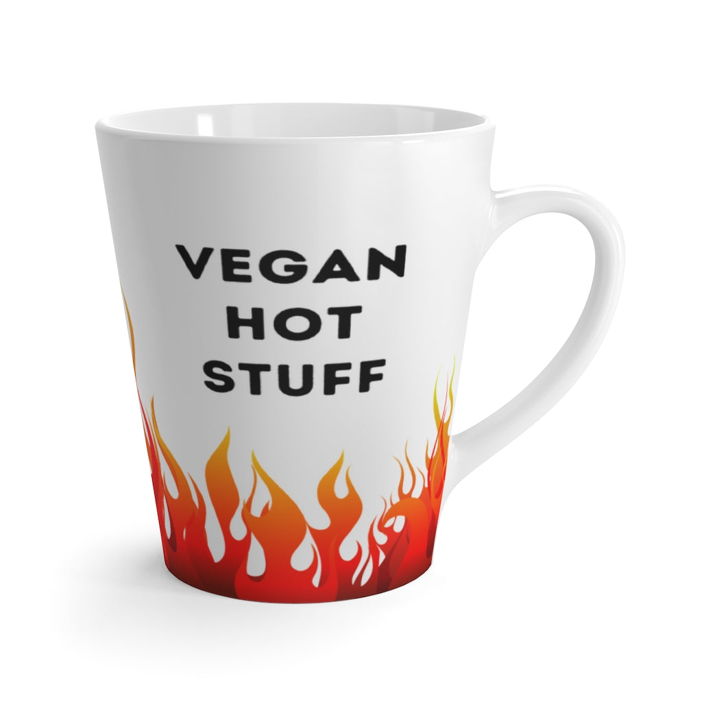 Vegan latte mug saying vegan hot stuff with fire flames, right side