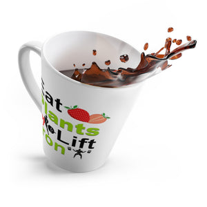 Vegan mug saying eat plants lift iron, tipping over spilling coffee