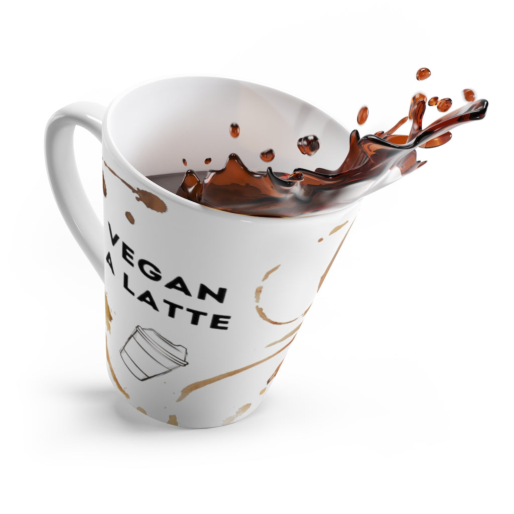 Vegan a latte mug tilting over with coffee splashing out for vegans who love coffee