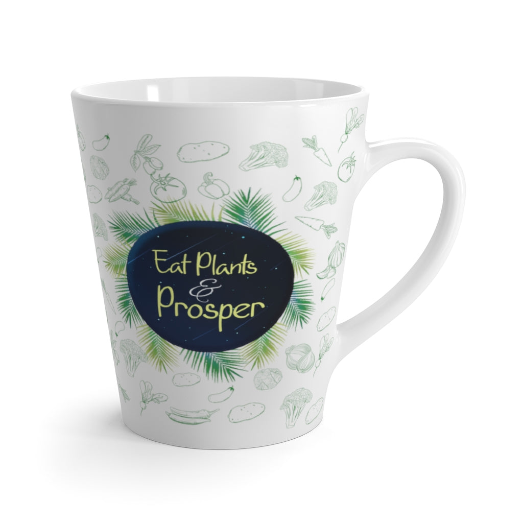 Latte mug saying eat plants and prosper with a green vegetable pattern, right side