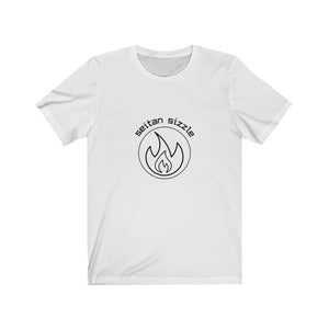 white colored vegan shirt with black graphic saying seitan sizzle over a circle with a flame design, laying flat on a plain white background, from vegan clothing brands