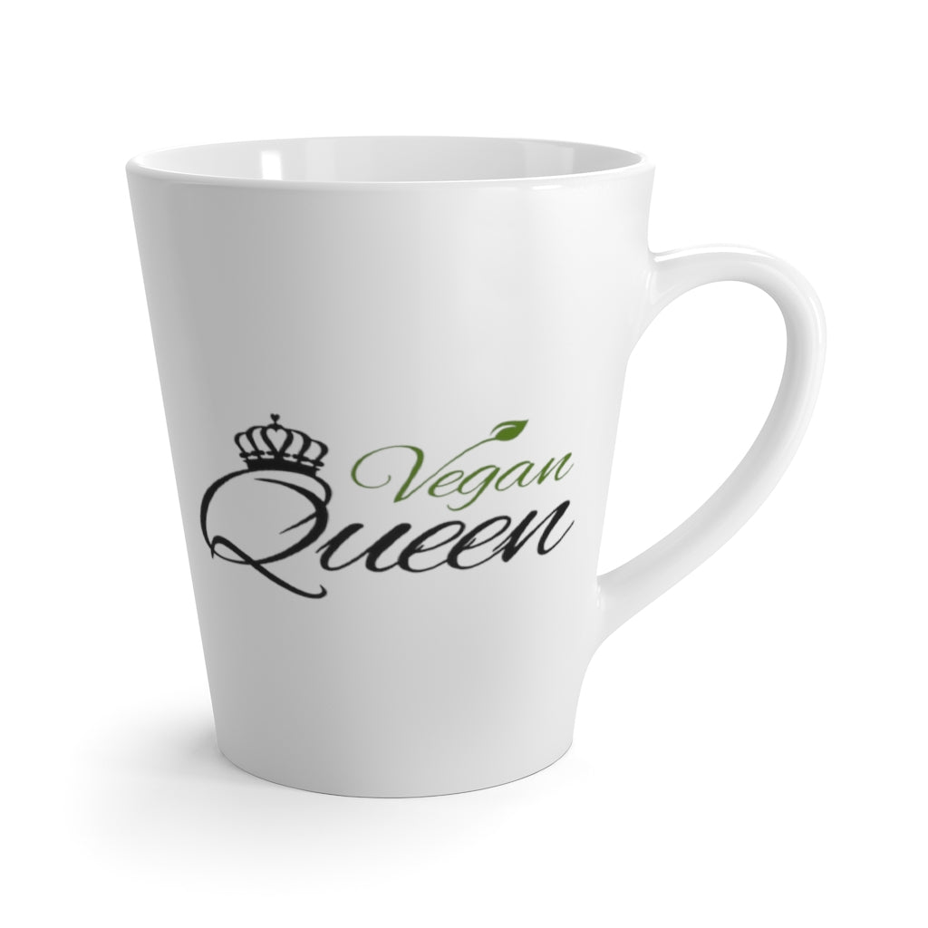 Vegan mug in a latte mug 12 oz style saying Vegan queen in an elegant  writing font with a crown over the Q, right side view