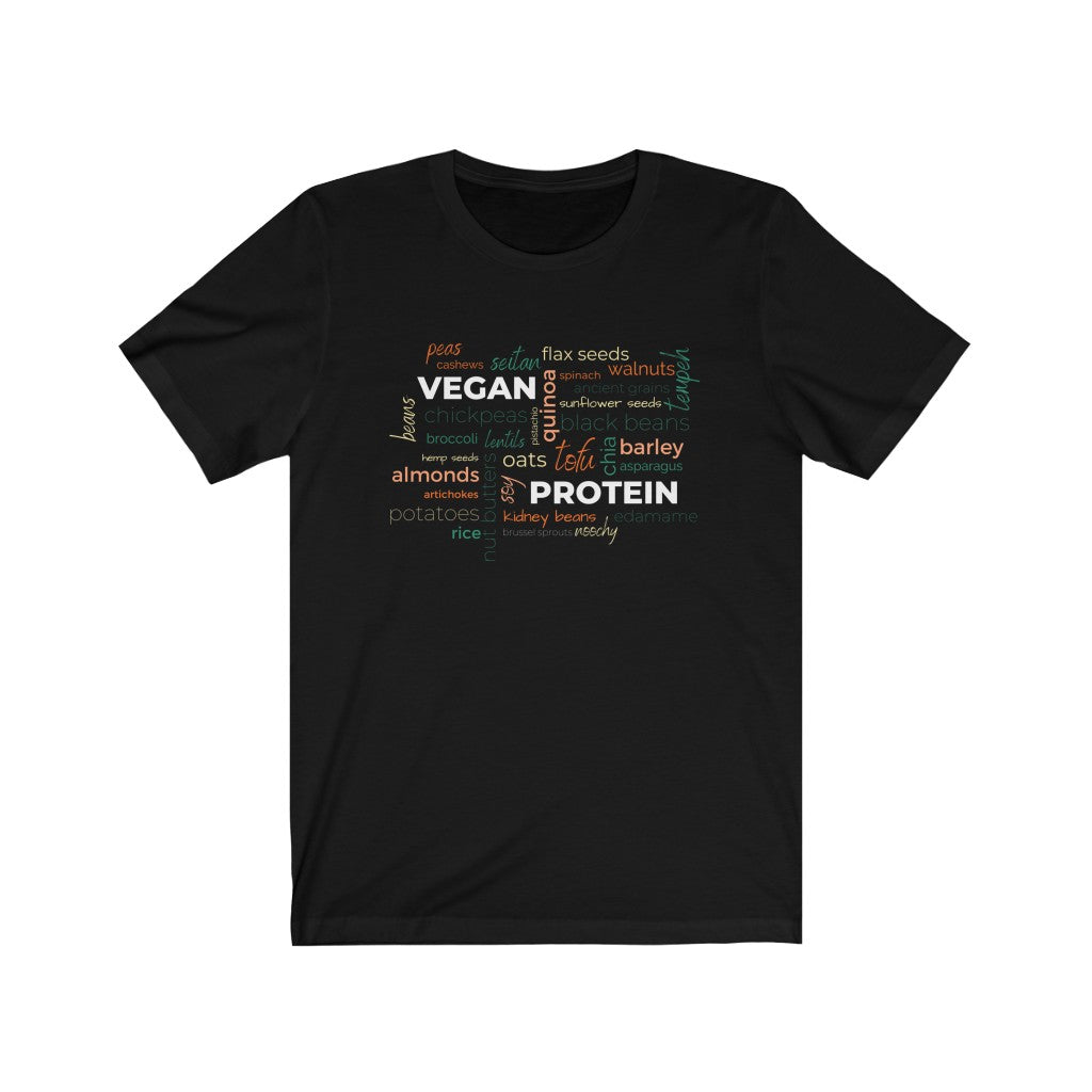 vegan protein word salad in fall colors on a black vegan t-shirt