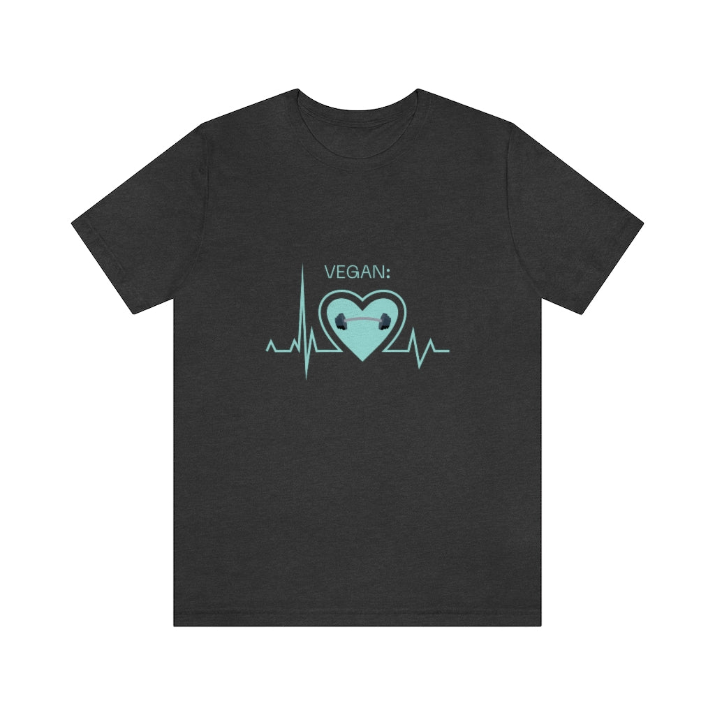 vegan heartbeat t-shirt with a dumbbell, on dark grey