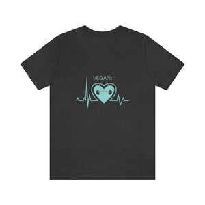vegan heartbeat t-shirt with a dumbbell, on dark grey
