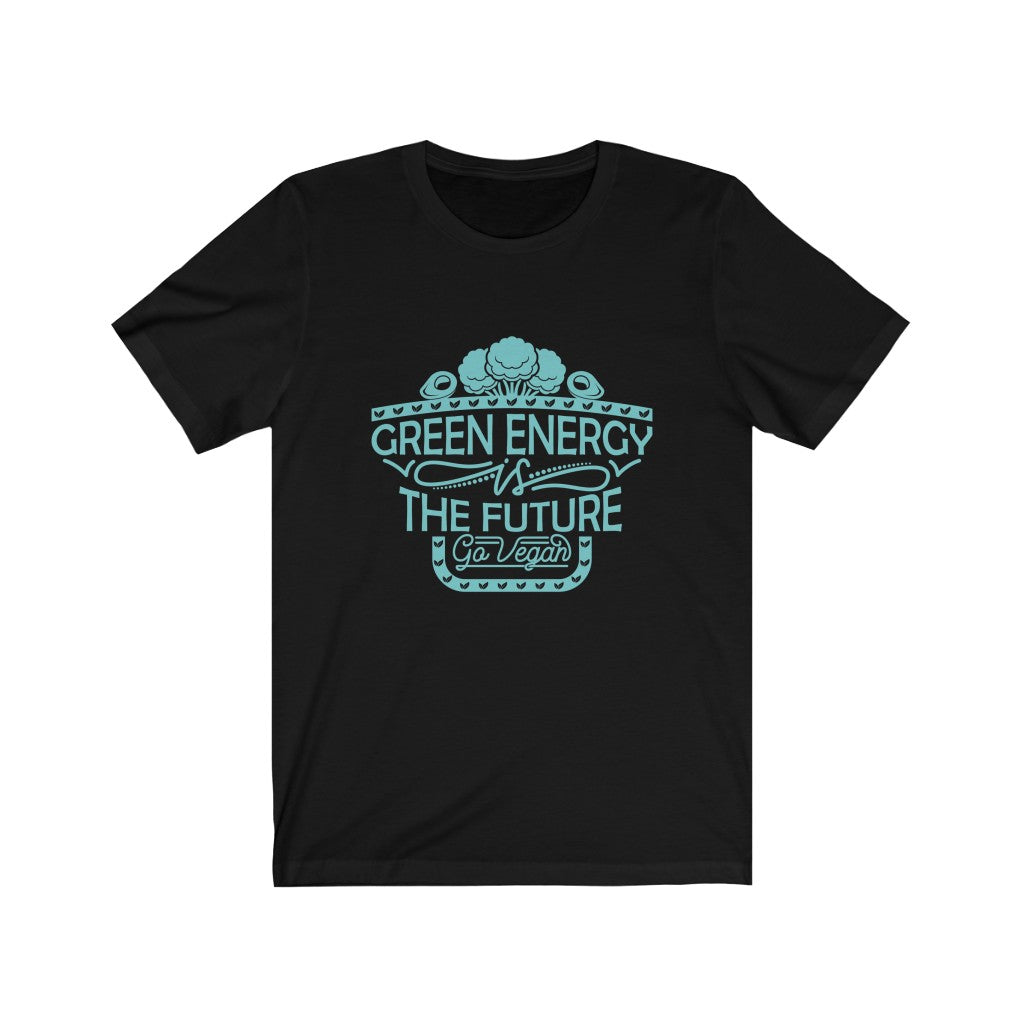 go vegan shirt with teal design saying green energy is the future go vegan on a black vegan t shirt, flat on a white background