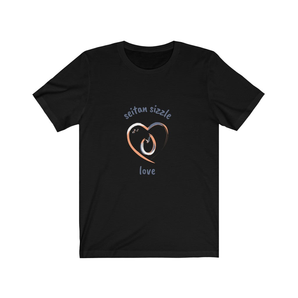 black vegan t shirts with a brushed design saying seitan sizzle love and a heart