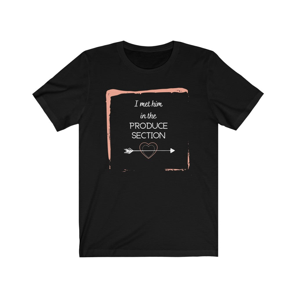 design for vegan couples with a pink frame around white words and arrow through a heart, on black colored vegan t shirt, from ethical clothing brands and companies that donate to nonprofits