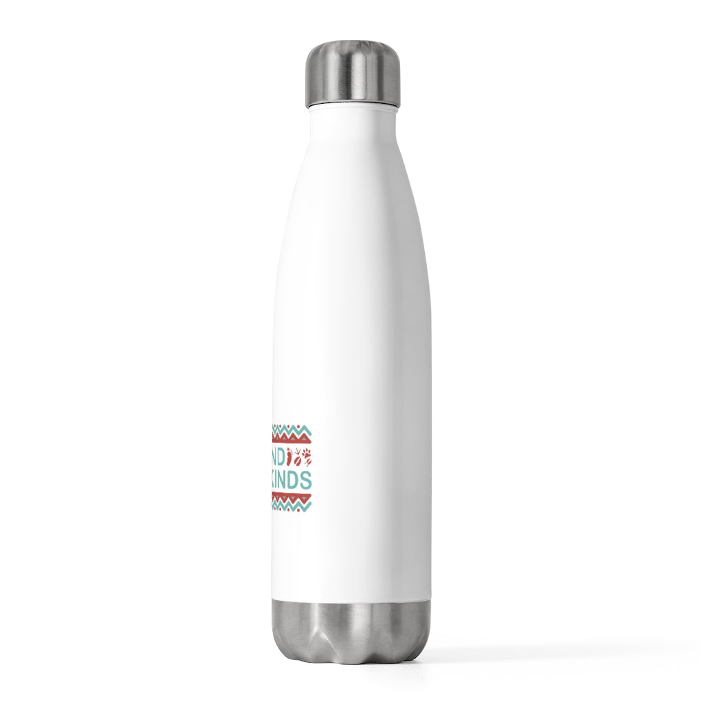 side of eco friendly water bottles  with a boho design on a white background saying be kind to all kinds