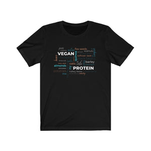 vegan shirt with vegan protein word salad in winter colors on black premium cotton