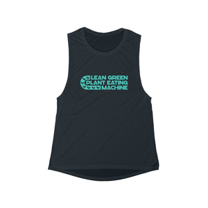 flowy tank tops design on black with boho design in pastel green saying lean green plant eating machine