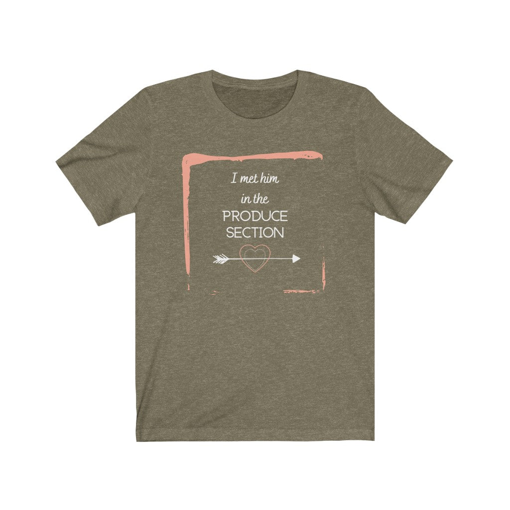 design for vegan couples with a pink frame around white words and arrow through a heart, on heather olive colored vegan shirt, from ethical clothing brands and companies that donate to nonprofits