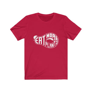vegan shirts design with white "eat more plants" words inside the outline of an avocado on a red color premium tee on a white background