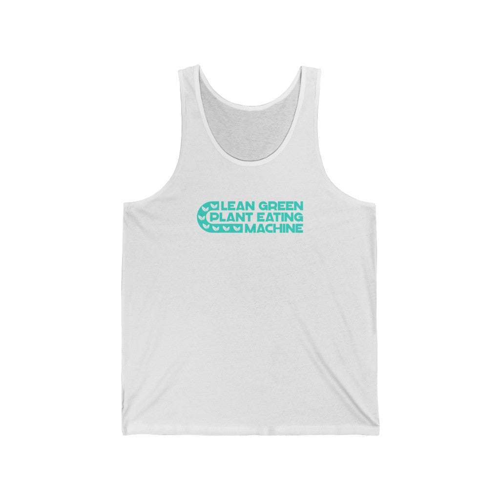white vegan tank top with a lean green plant eating machine design in teal