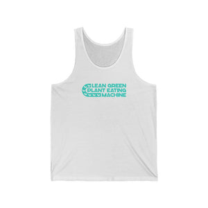 white vegan tank top with a lean green plant eating machine design in teal