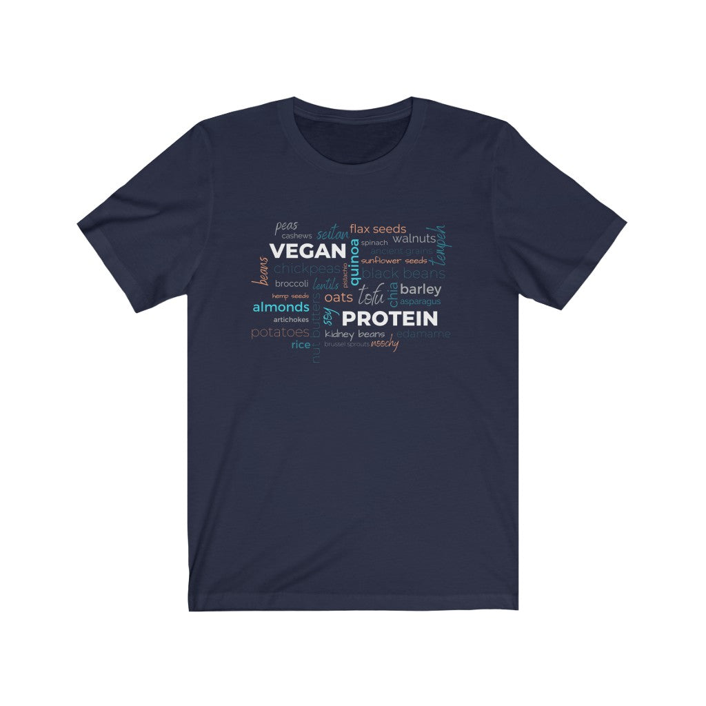 vegan shirts design vegan protein word salad in winter colors on navy premium cotton