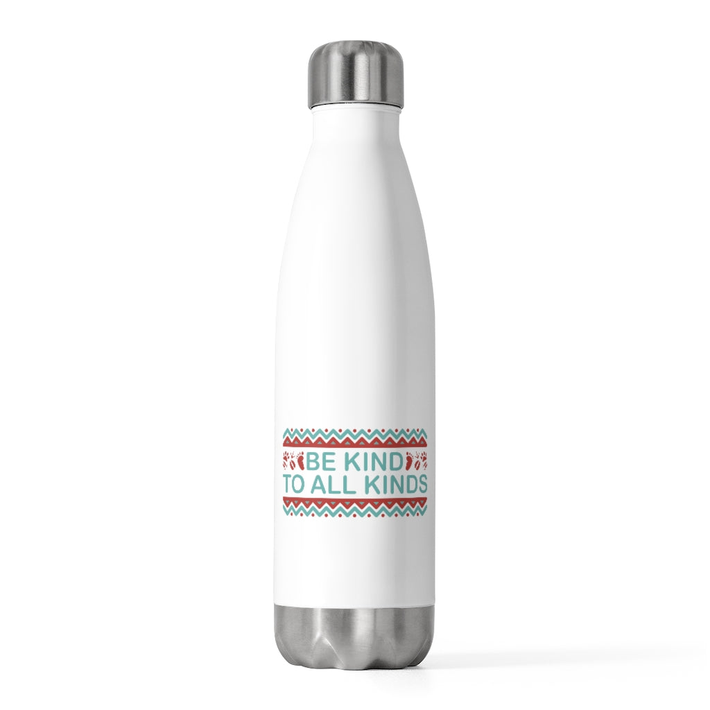 eco friendly water bottles with boho design in burnt orange and turquoise on a white background with paw prints and human footprints and the words be kind to all kinds