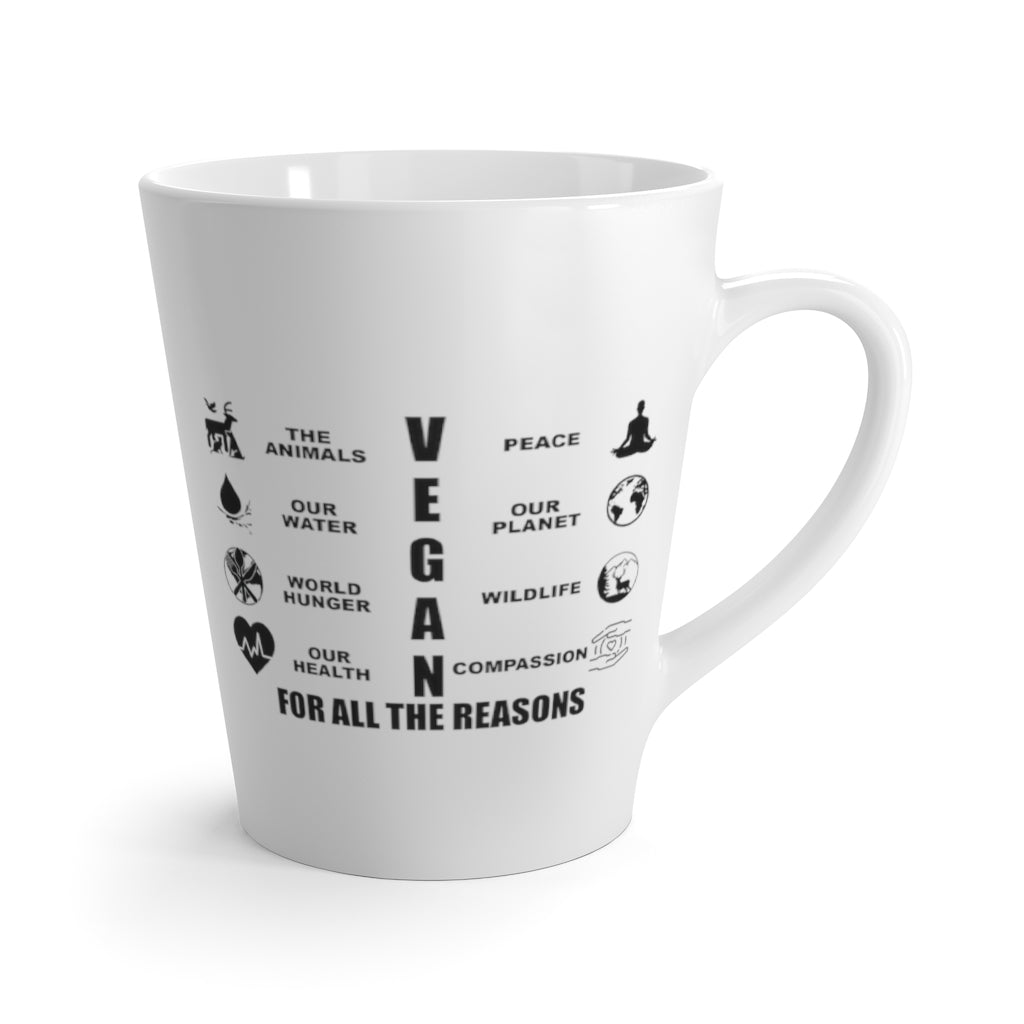 Vegan Mugs latte mug design saying vegan for all the reasons, the animals, our water, world hunger, our health, peace, our planet, wildlife, compassion - right side