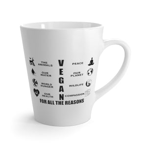 Vegan Mugs latte mug design saying vegan for all the reasons, the animals, our water, world hunger, our health, peace, our planet, wildlife, compassion - right side