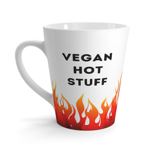 Vegan latte mug saying vegan hot stuff with fire flames, left side