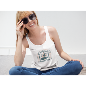 eat more plants do more yoga vegan tank top on a woman with sunglasses