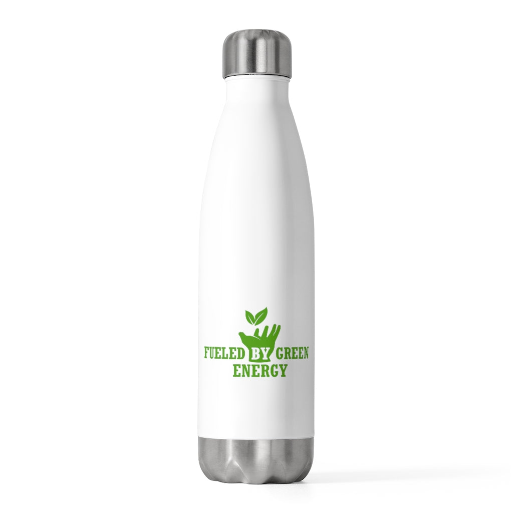 eco friendly water bottles with white background and green lettering and icon, saying fueled by green energy