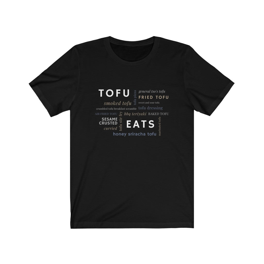 tofu eats word salad design on a black premium vegan t shirt 