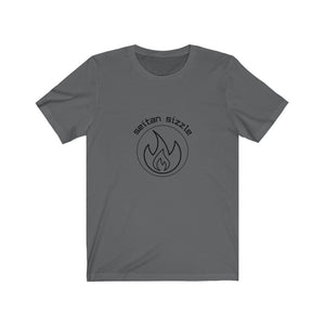 asphalt colored vegan shirt with black graphic saying seitan sizzle over a circle with a flame design, laying flat on a plain white background, from vegan clothing brands