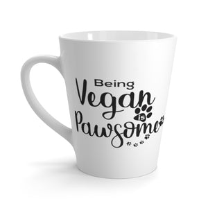 vegan mug saying being vegan is pawsome, left side, latte mug 12 oz size