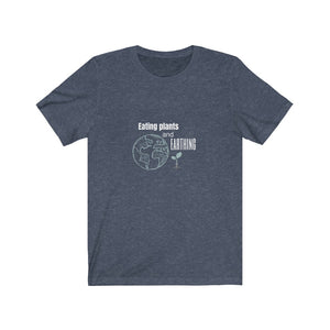 eating plants and earthing design on a heather navy colored vegan tshirt with a white background, from ethical clothing brands and companies that donate to nonprofits, for those who eat plants and enjoy earthing