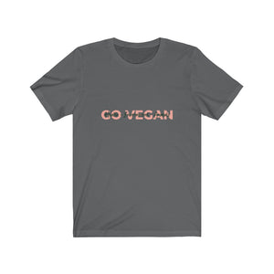 asphalt colored vegan t shirt with words "go vegan health environment animals" on a white background