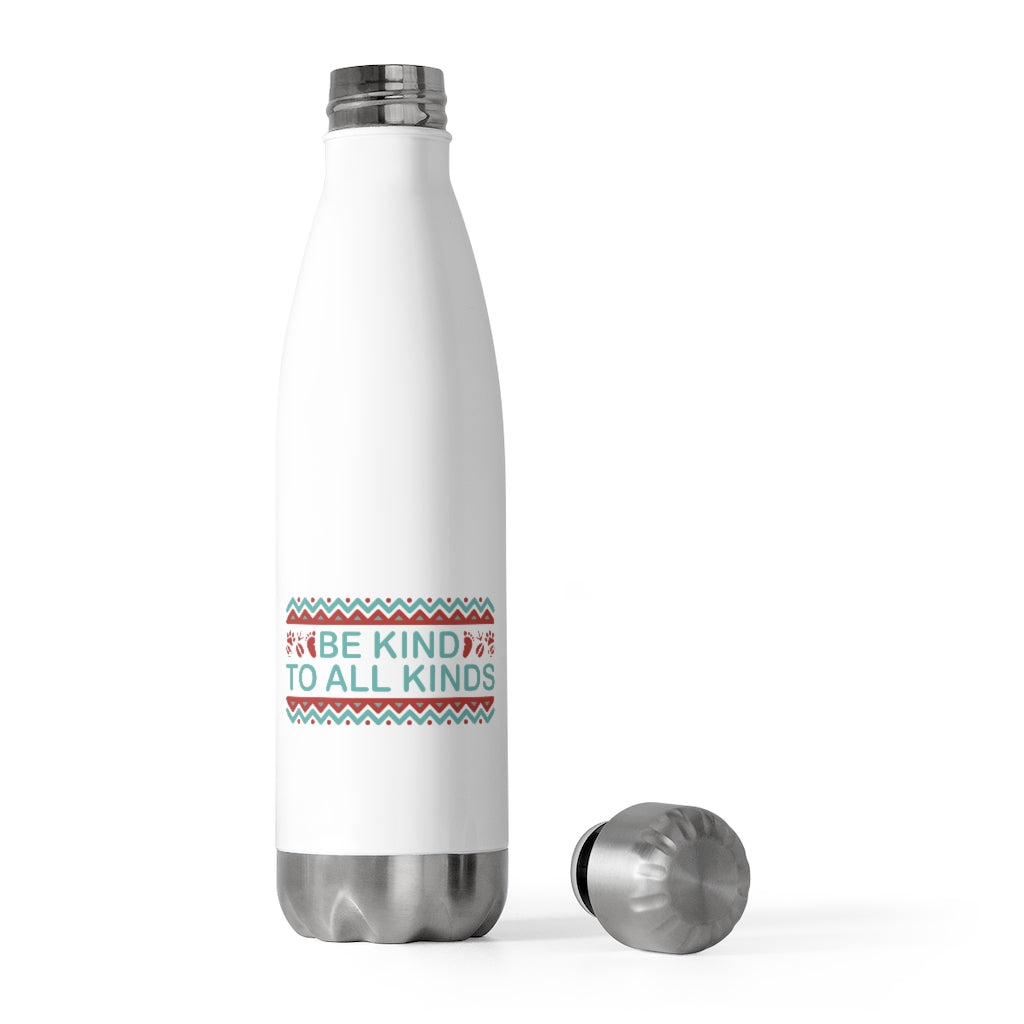 eco friendly water bottles with a boho design on a white background saying be kind to all kinds, for compassion for animals, support companies who donate to nonprofits