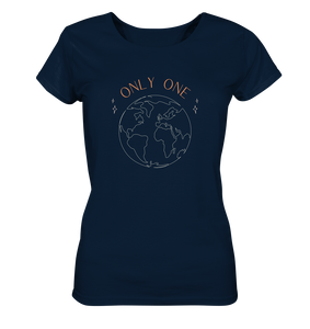ladies organic scoop neck t-shirt saying only one earth in french navy color