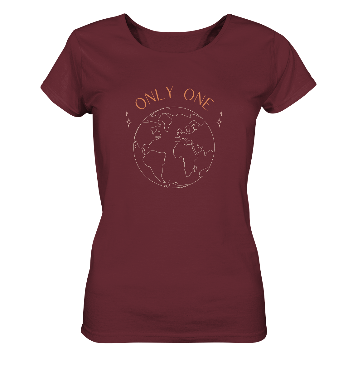 ladies organic scoop neck t-shirt saying only one earth in burgundy color
