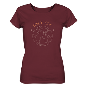ladies organic scoop neck t-shirt saying only one earth in burgundy color