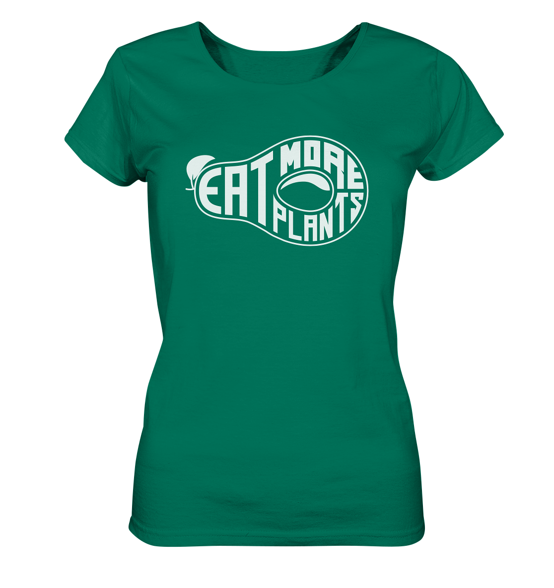Organic ladies fitted scoop neck t-shirt in bright green saying Eat More Plants