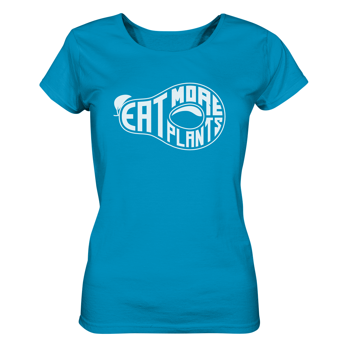 Organic ladies fitted scoop neck t-shirt in azul blue saying Eat More Plants