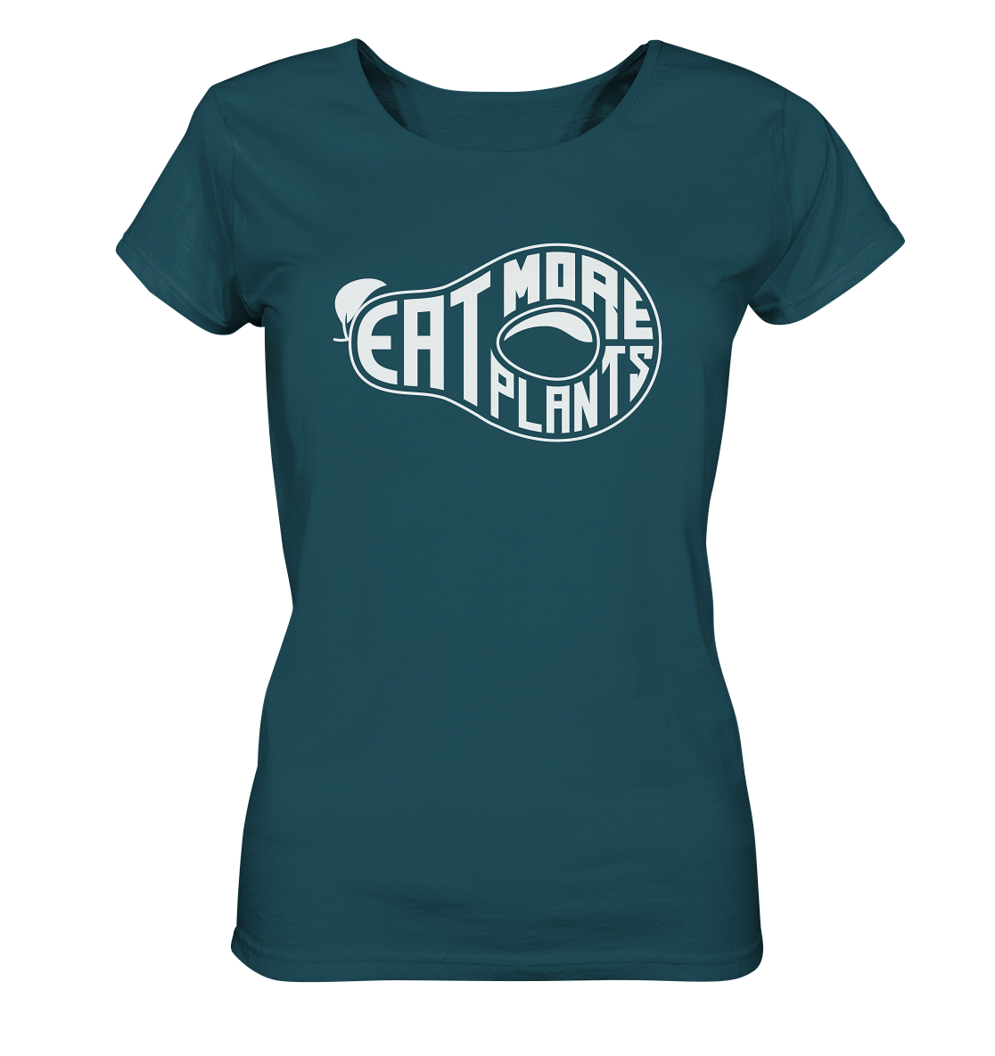 Organic ladies fitted scoop neck t-shirt in  deep teal saying Eat More Plants