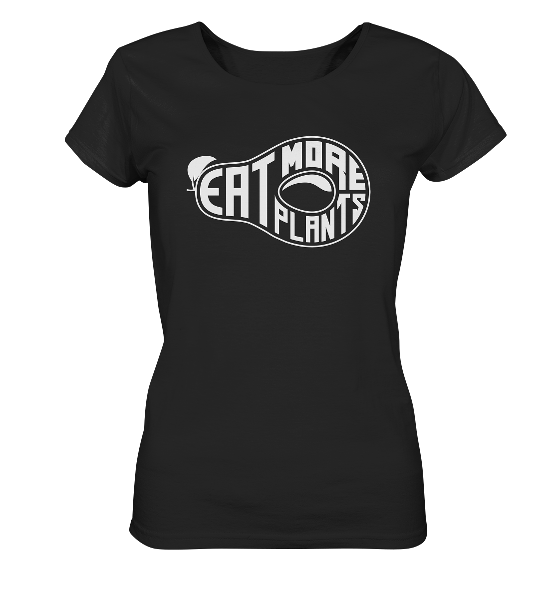 Organic ladies fitted scoop neck t-shirt in black saying Eat More Plants