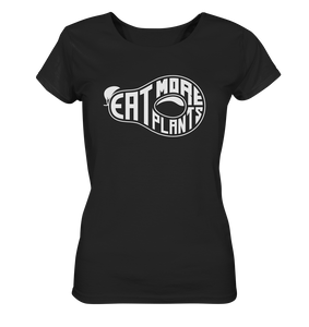 Organic ladies fitted scoop neck t-shirt in black saying Eat More Plants