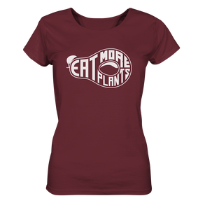 Organic ladies fitted scoop neck t-shirt in burgundy saying Eat More Plants