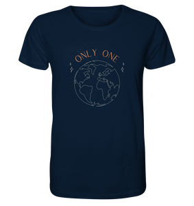Organic vegan t-shirt saying only one earth on french navy color 100% organic ringspun combed cotton