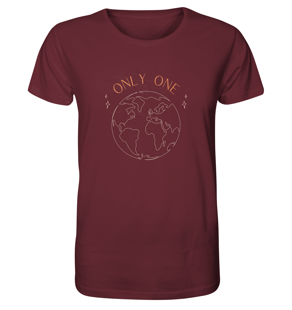 Organic vegan t-shirt saying only one earth on burgundy 100% organic ringspun combed cotton
