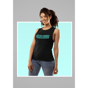 smiling woman with black flowy tank tops with words lean green plant eating machine for vegans and plant based eating