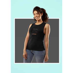 flowy tank tops with soak up the seitan design for vegan workouts on a smiling woman